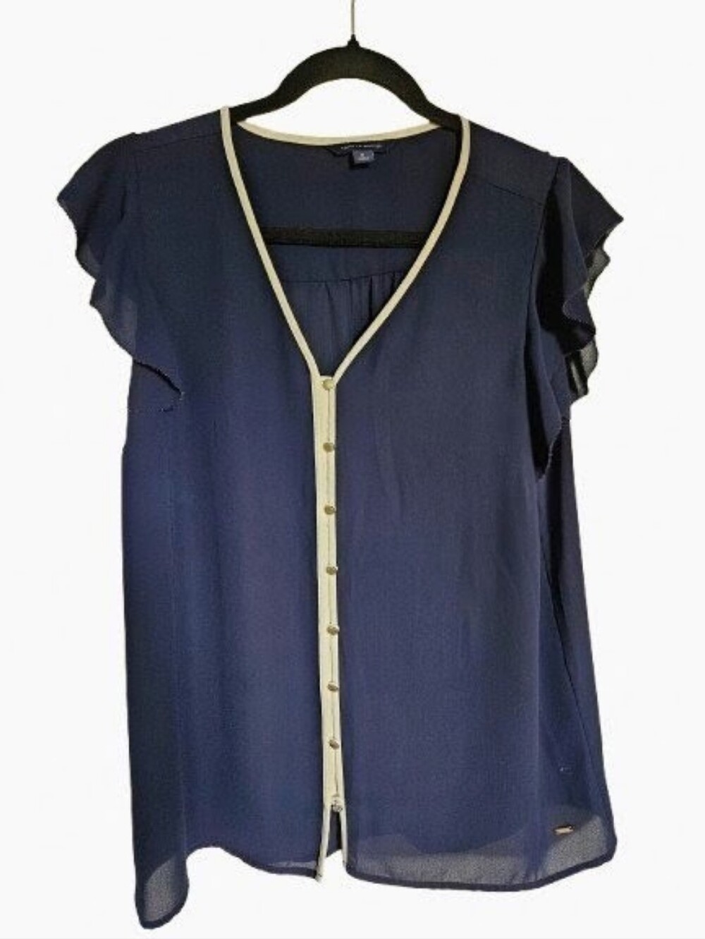 Tommy Hilfiger Navy Blouse with Cream Trim and Ruffle Sleeves